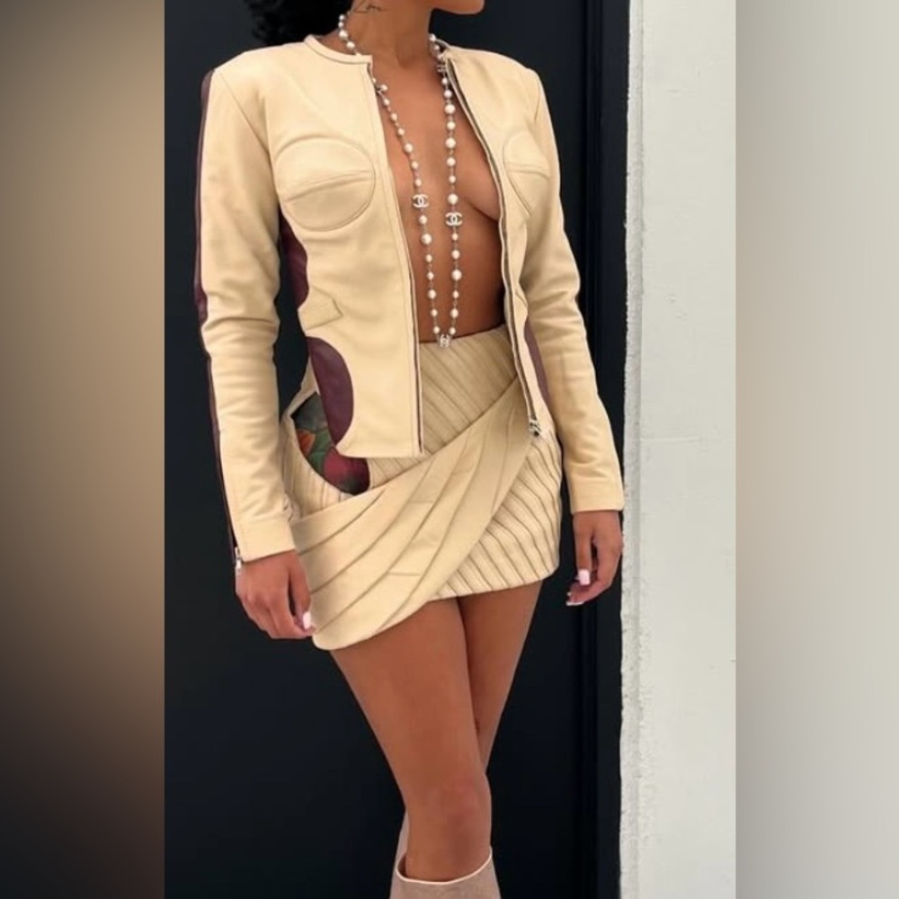 The Glamour Blueprint - Trieze Biker Jacket and Theory Skirt - Tan and Burgundy